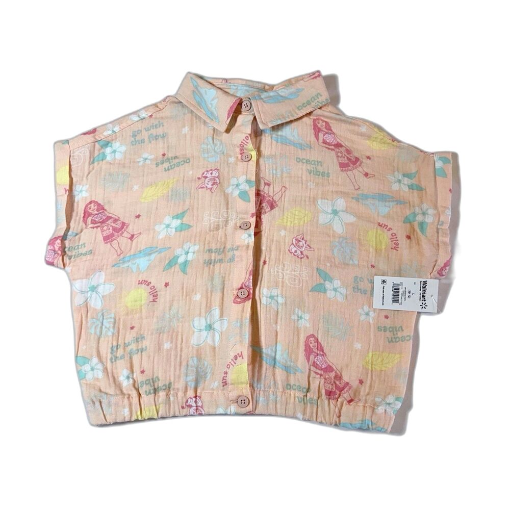 Disney Moana Girls Crop Top Blouse Ocean Vibes Button Down Size L 10-12 NWT